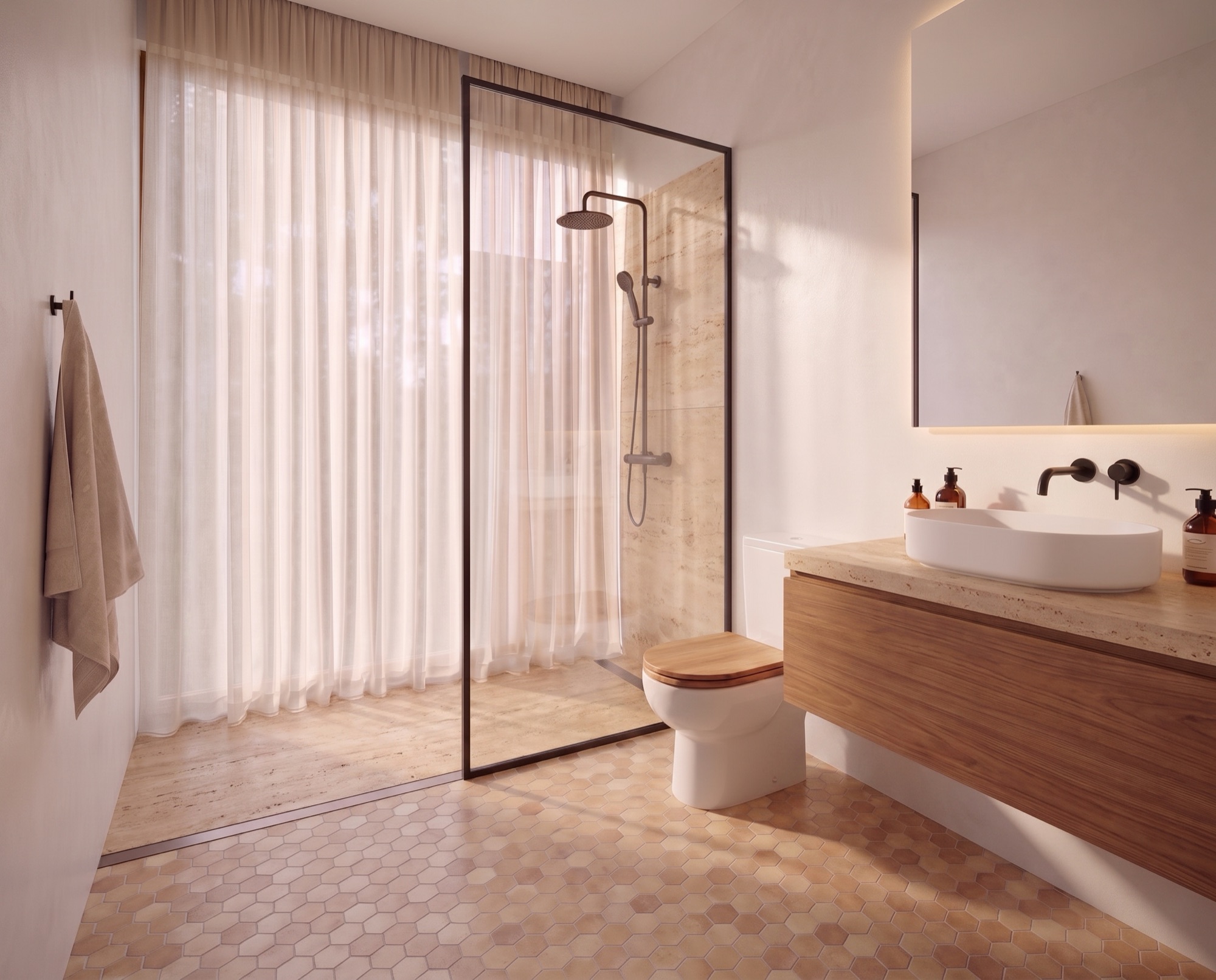 Baño actualizado con terminaciones claras y madera